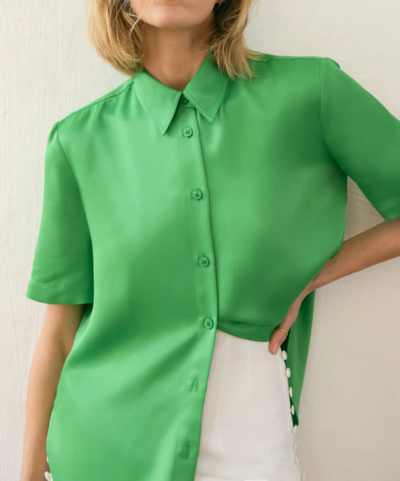 

Женская блузка с коротким рукавом, зеленая однотонная блузка на пуговицах, с асимметричным подолом, в винтажном стиле, лето 2022