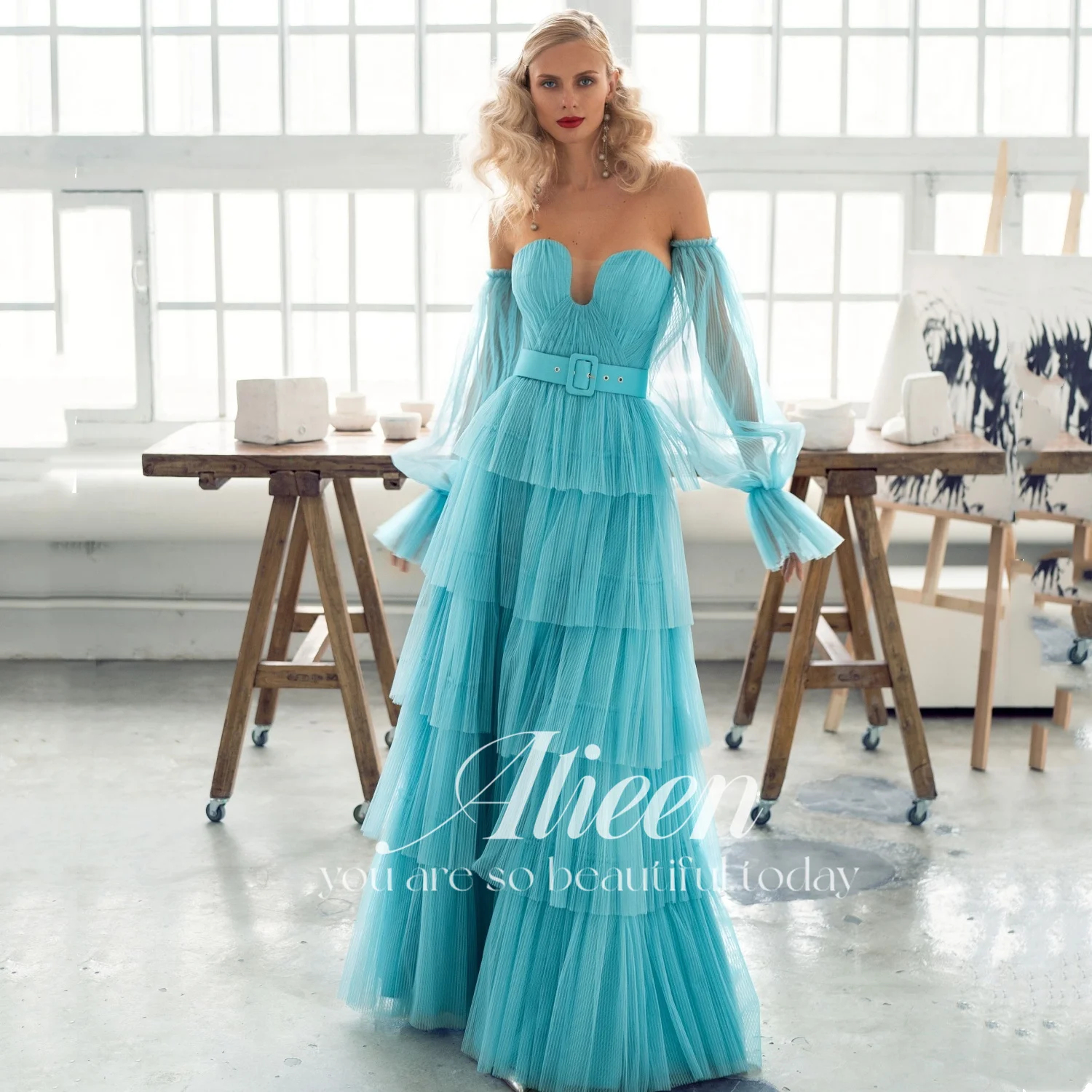 

Sweetheart Quinceanera Dresses for Prom Chiffon Mint Green Luxury Woman Party Dress Aileen Long Sleeve Evening Gown Robe Formal