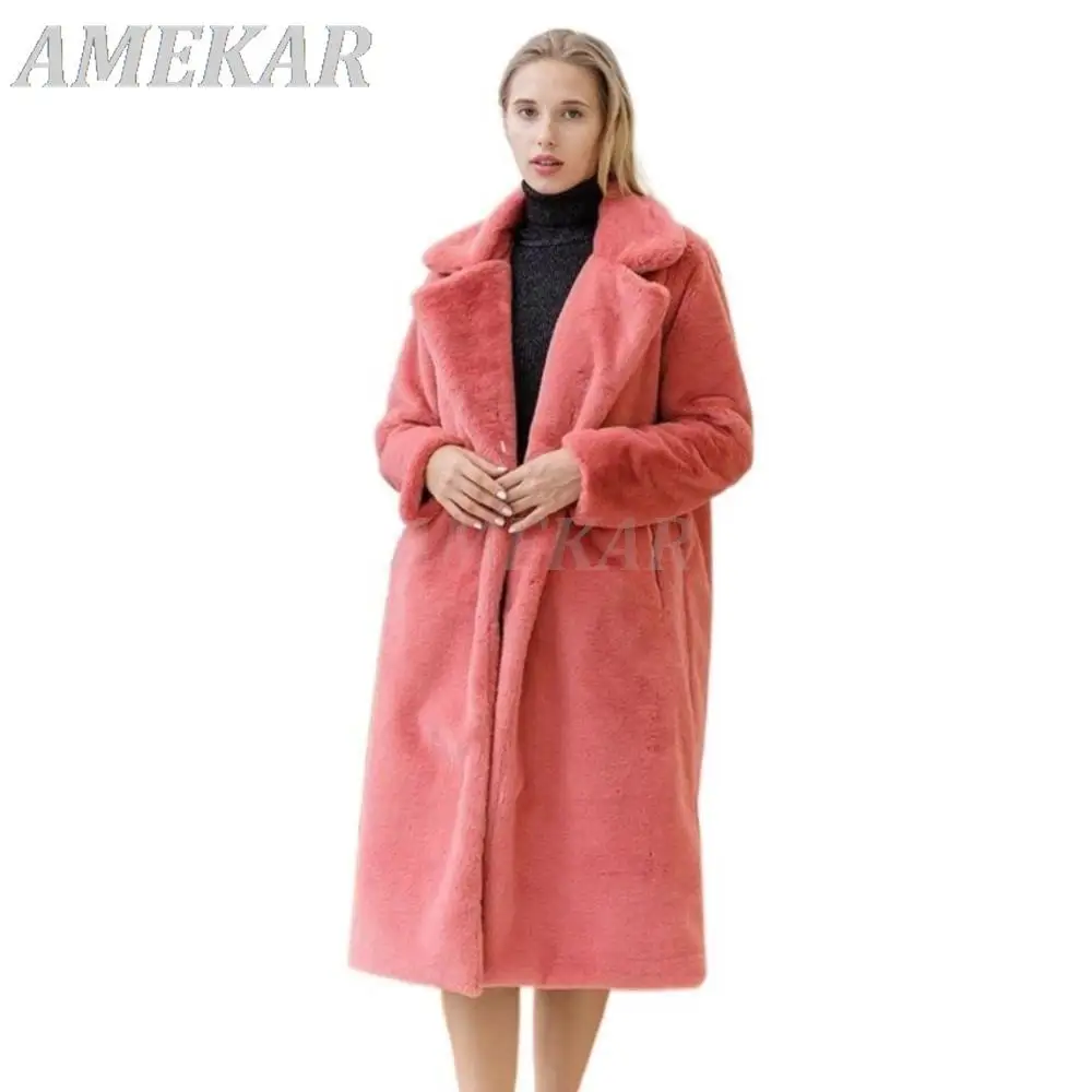Women Winter High Quality Faux Rabbit Fur Coat Luxury Long Fur Coat Loose Lapel OverCoat Thick Warm Plus Size Female Plush Coats