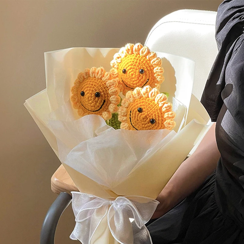 

Sunflower Knitted Flower Smile Crochet Flower Hand Woven Bouquet Wedding Party Decor Homemade Teacher's Mother's Day Gift 꽃다발