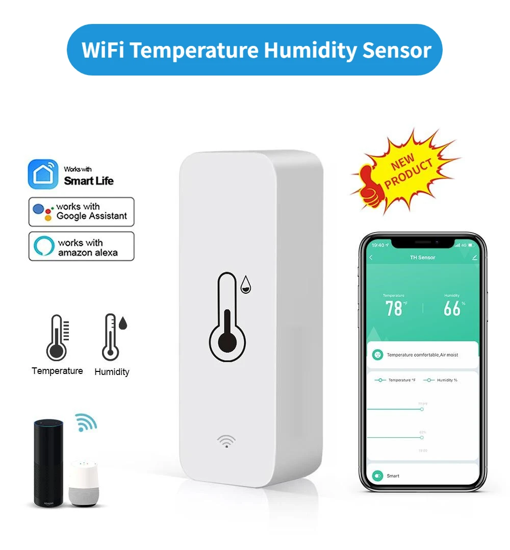 

Умный Wi-Fi датчик температуры и влажности Tuya, приложение SmartLife, удаленный монитор для умного дома, работает с Alexa Google Assistant