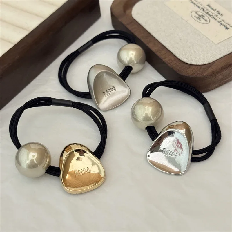 Vintage Metal Geometry Elastic Hair Ties for Women Girl Ponytail Rope Simple Big Pearls Fashion Headwear Accessories