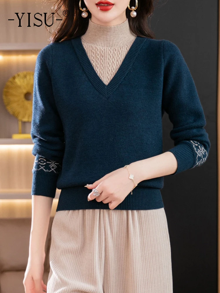 

YISU 2022 Preppy style Pullover Sweater Women Loose Half height collar Long sleeve Color splicing Knitted Sweaters Jumper Female