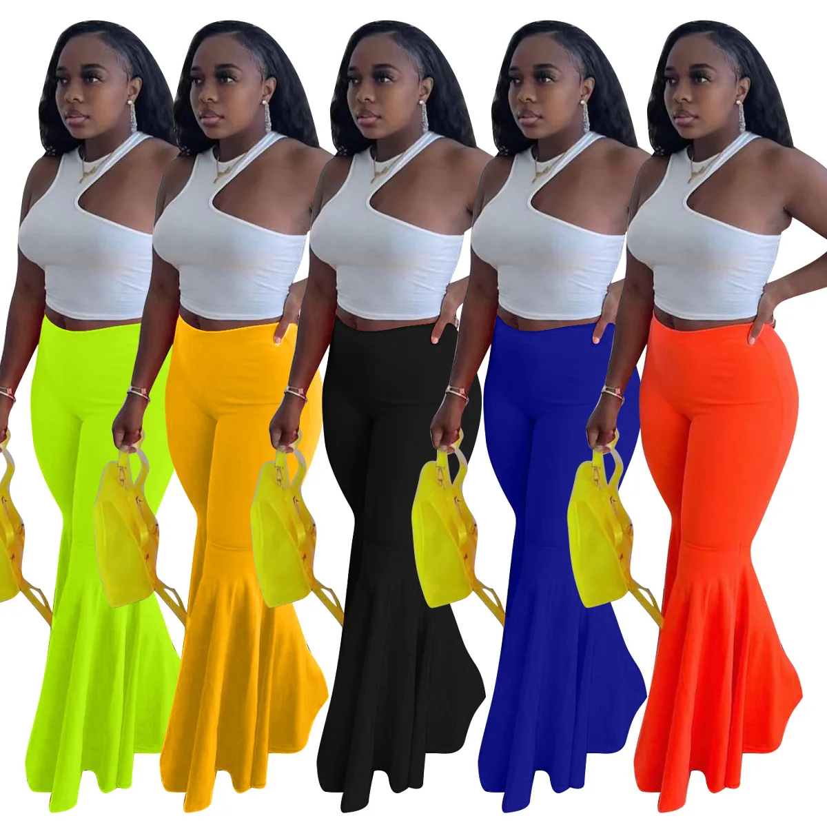 

Elegant Women Big Flared Pants Summer Autumn 2022 Solid 5 Colors Y2k Elastic Waist SpliceRetro Straight Trousers Streetwear