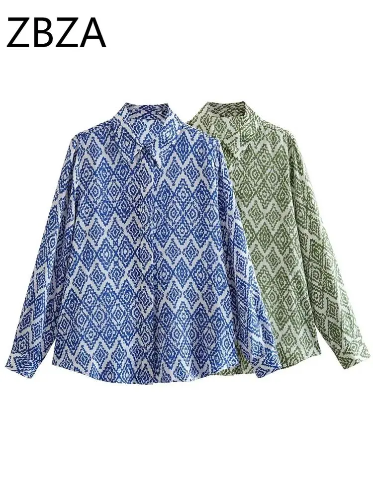 

ZBZA Print Shirt Women Boho Button Up Shirt Woman Summer Satin Shirts and Blouses for Women Long Sleeve Collar Casual Top Female