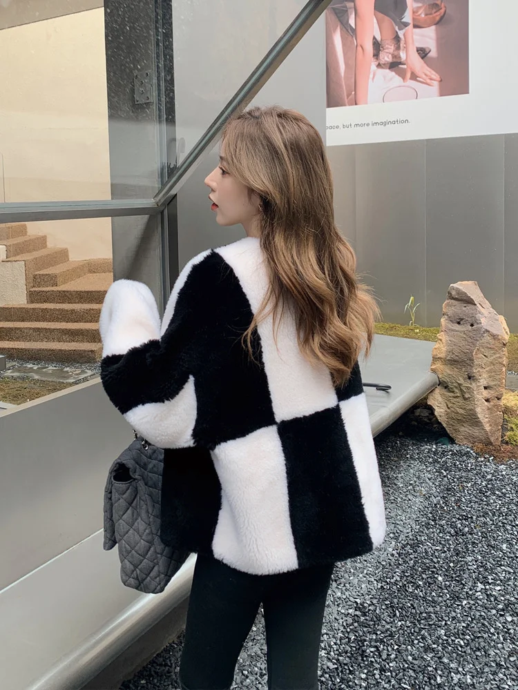 Lamb Wool Coat Autumn Winter 2022 Korean Chic Women Checkerboard Wool Grain Cashmere Lamb Fur Coat Fashion Casual Lady Jackets