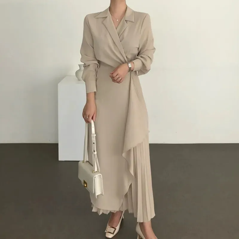 

Spring Autumn Fashion Commuting Long-Sleeve Dress Women Formal Elegant Shirt Dress Vintage Long Solid Tie-up Slim Pleated Dress