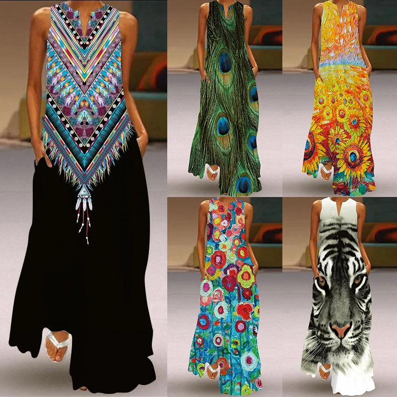 

2021 Independent Station Popular Vintage Printed Long Dress V-neck Long Sexy Sleeveless Dress