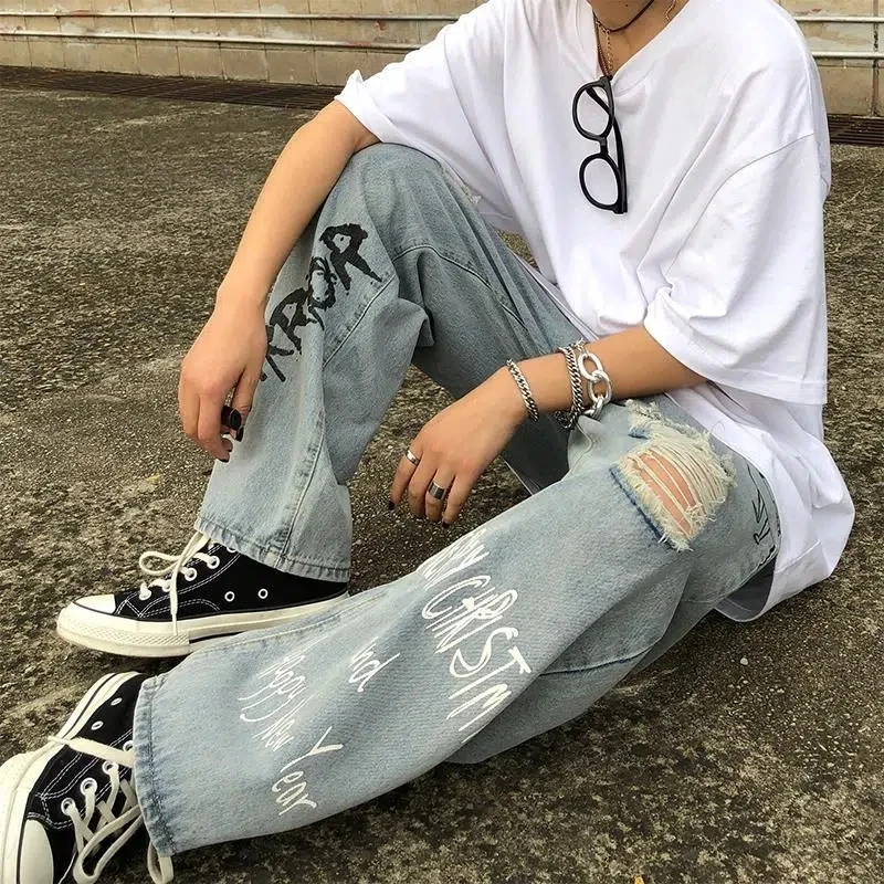 Y2k Men Korean Streetwear Harajuku Vintage Jeans Graffiti Wide Leg Baggy Straight Denim Pants Cartoon Grunge Trousers Clothes