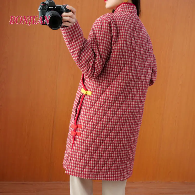 2022 Winter Fashion Rhombus Parka Good Quality Dress Suit Loose A-line Skirt Long Sleeve Warm Cotton Chinese Style Boho Dresses