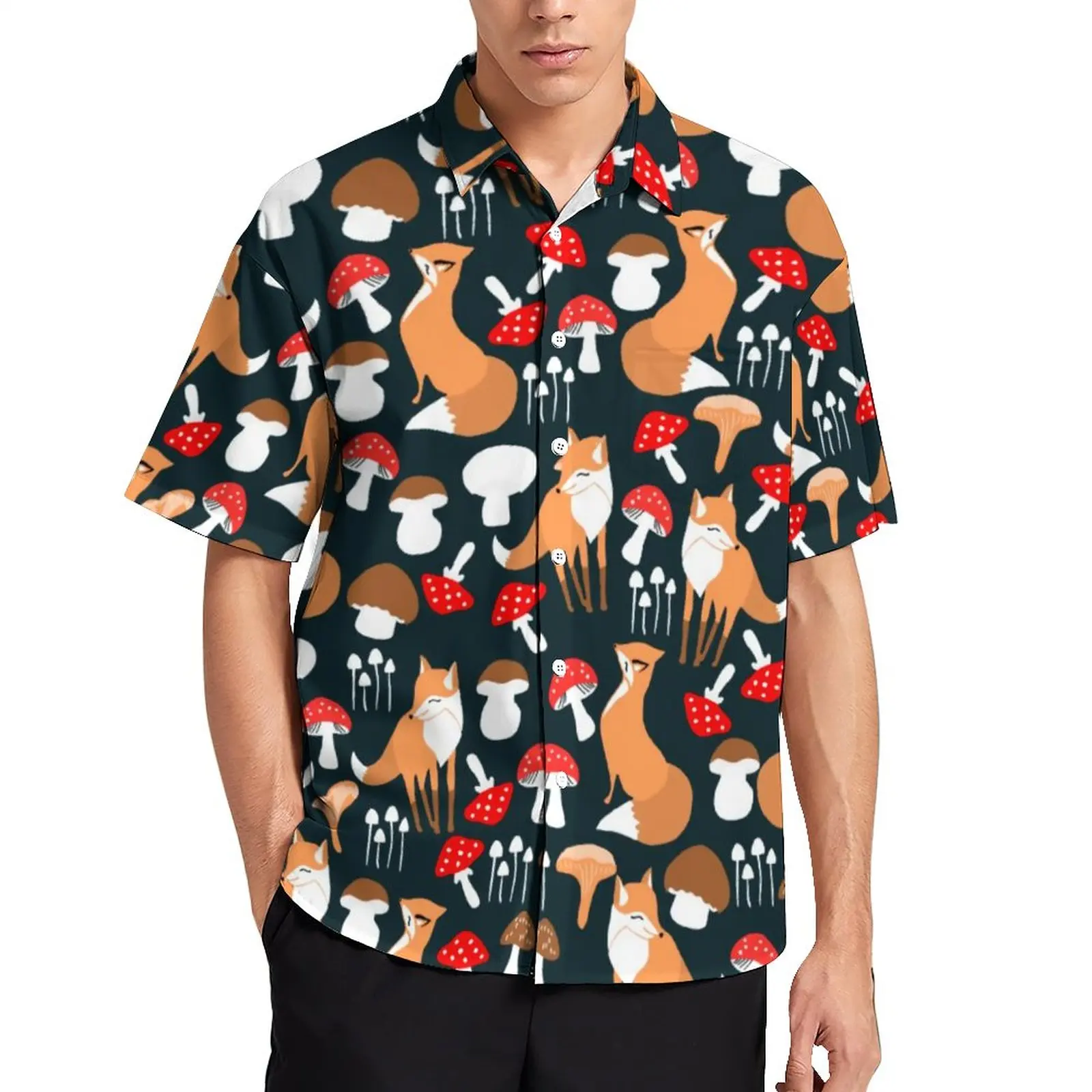 

Mushroom Design Blouses Man Cute Fox Print Casual Shirts Hawaii Short Sleeves Printed Vintage Oversized Vacation Shirt Gift Idea