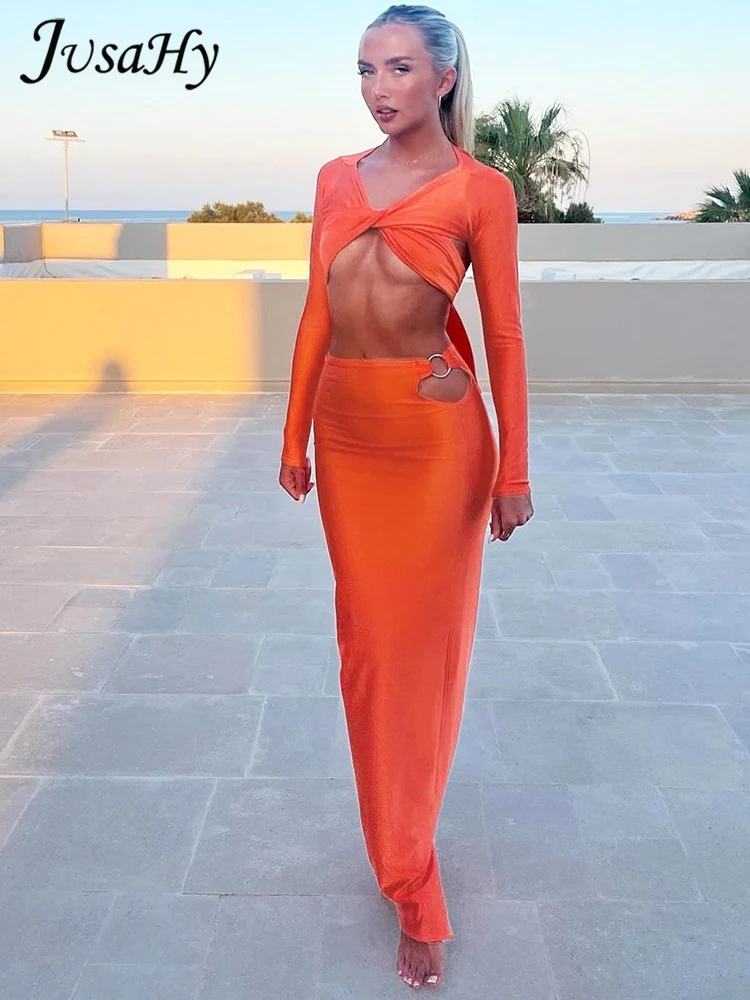 Осенний пикантный костюм Jusahy до щиколотки с юбкой в стиле High Street K24S55243 однотонный