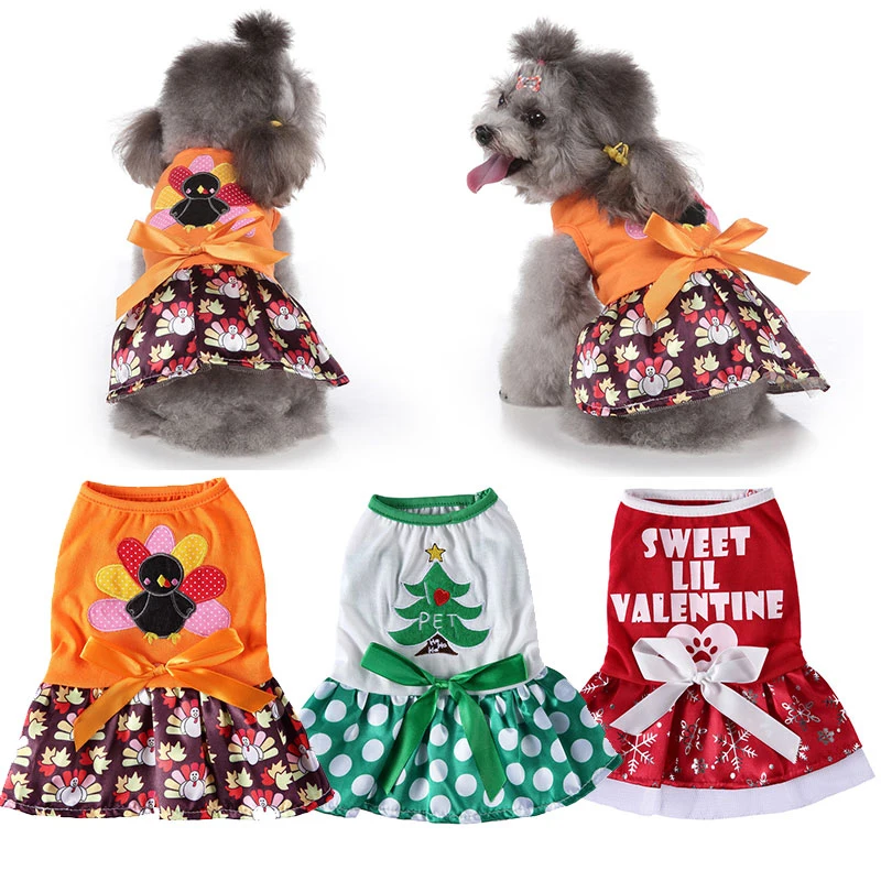 

Christmas Style Pet Princess Dress Cute Christmas Tree Snowflake Turkey Printed Pets Clothing Sweet Cat Dog Skirts Pet Supplies