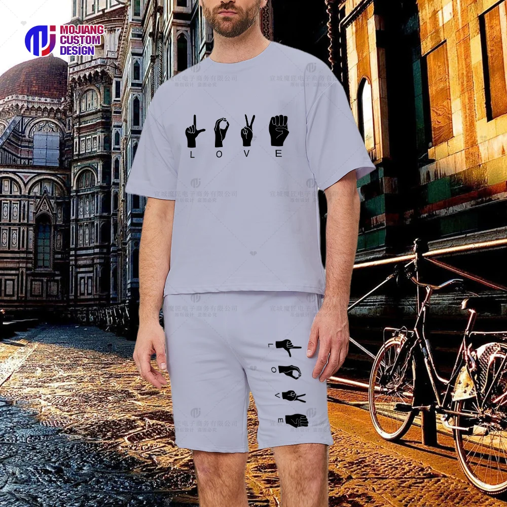 Letter LOVE & Gesture Print Men's T-Shirt Set, Crew Neck Short Sleeve Top, Graphic Shorts Men's Shirt Summer Dress