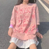 harajuku oversized t shirt casual korean sweet cute loose top y2k fashion crow print pink t shirt summer new women streetwear