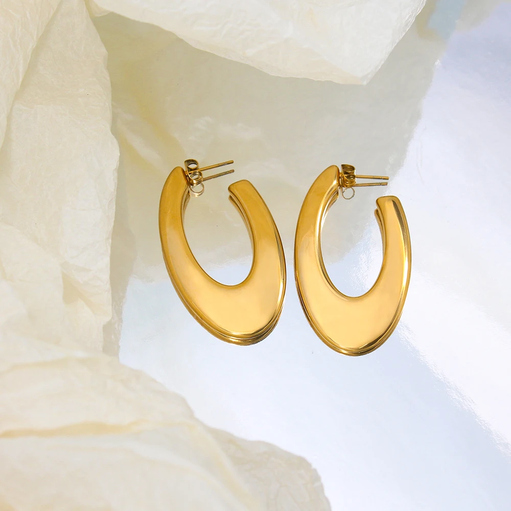 

Vintage Stainless Steel Gold Plated Hoop Earrings Flat Oval C-Shape Women's Ear Accessories