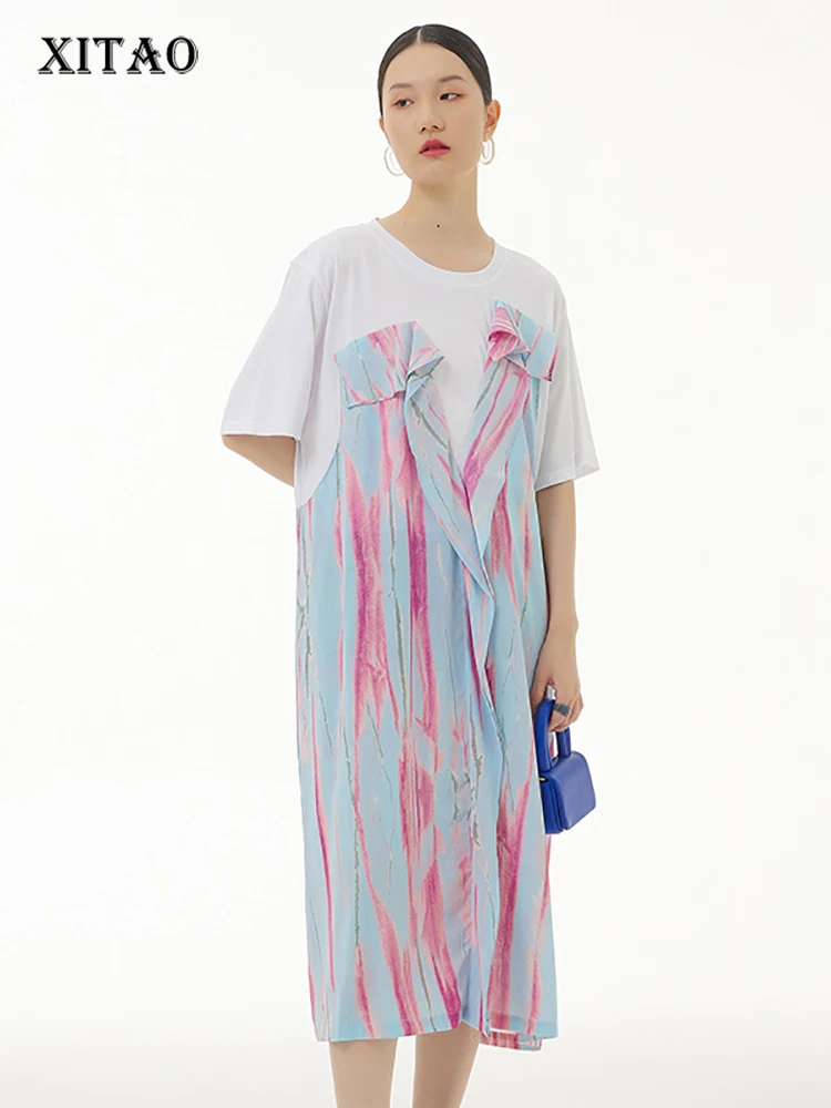 

XITAO Fashion Striped Print Dress Fashion False Two Pieces Splicing T-shirt Dress Loose Casual Women Summer New WMD6326