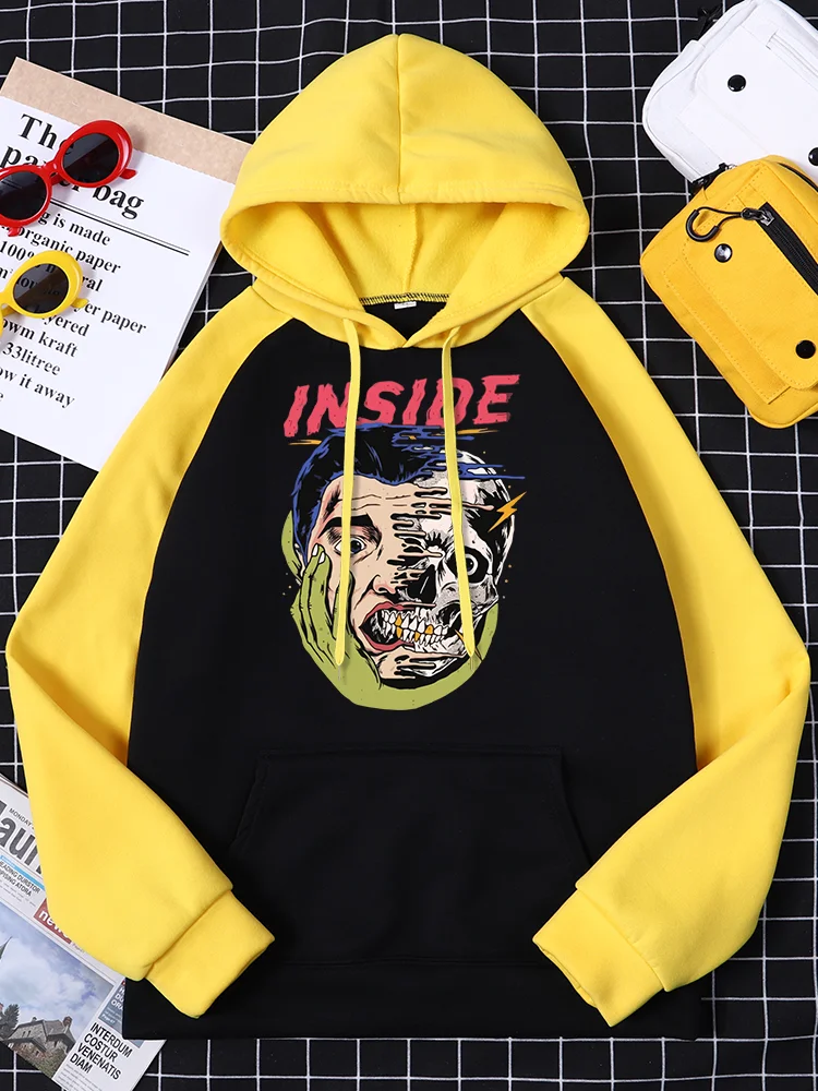 Halloween Inside Half Human Half Skeleton Horror Comics Prints Womens Raglan Hoodie Pocket Street Fashion Pullover Woman Hoodie