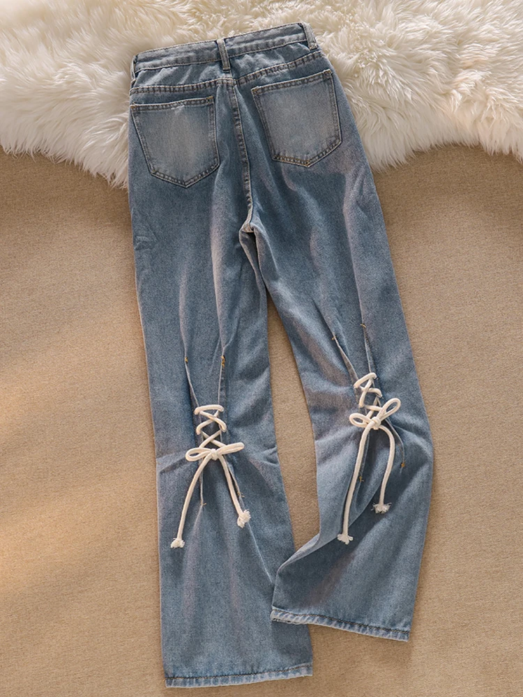 

Syiwidii женские джинсы со шнуровкой сзади, модные 2022 джинсы с высокой талией, широкие прямые брюки, уличная одежда, длинные джинсовые штаны
