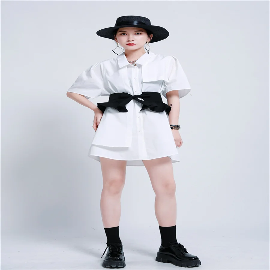 

summer black white design 2023 sense ruffled girdle waist closure two-wear irregular dresses French T-shirt dress women