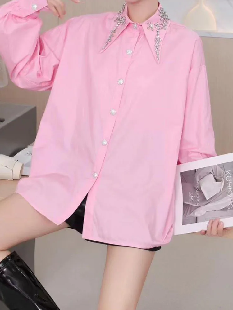 Женская рубашка с пышными рукавами DEAT блузка отложным воротником и заклепками со