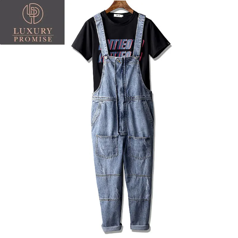 

Europe And America Men Denim Bib Overalls Loose Retro Fashion Hip Hop Streetwear Jumpsuit Blue Jeans Pants Freight Trousers