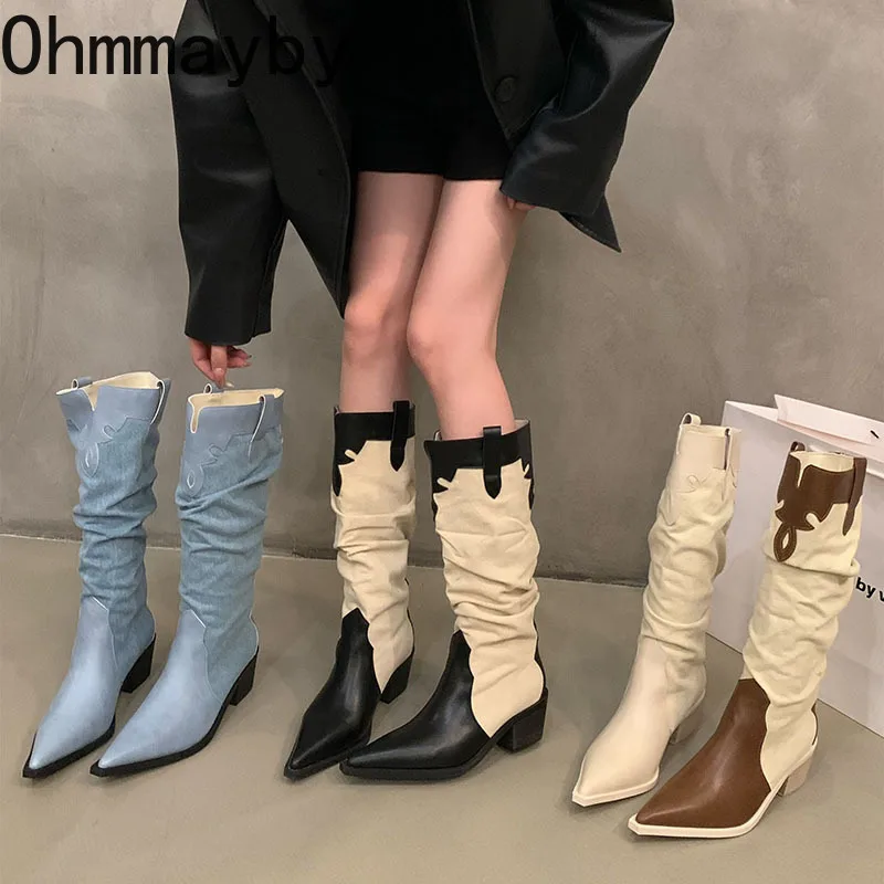 

Woman Western Cowgirl Boot Fashion Pointed Toe Long Booties Autumn Winter High Quality Slip On Women's Shoes