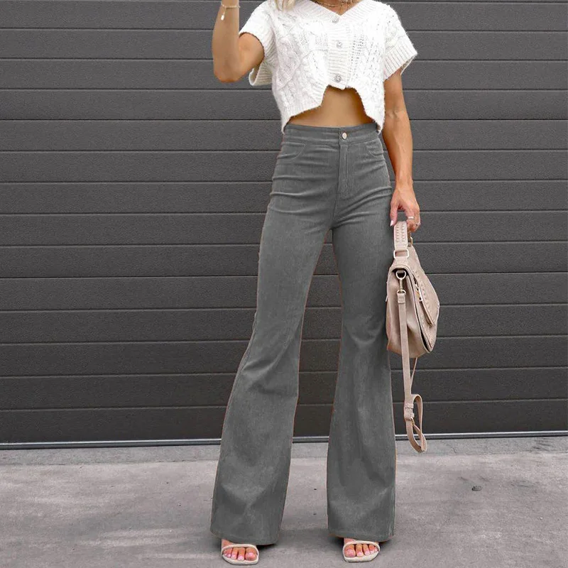 Solid Mid Waist Slim Fit Micro Flare Pants Corduroy Casual Pants jeans woman