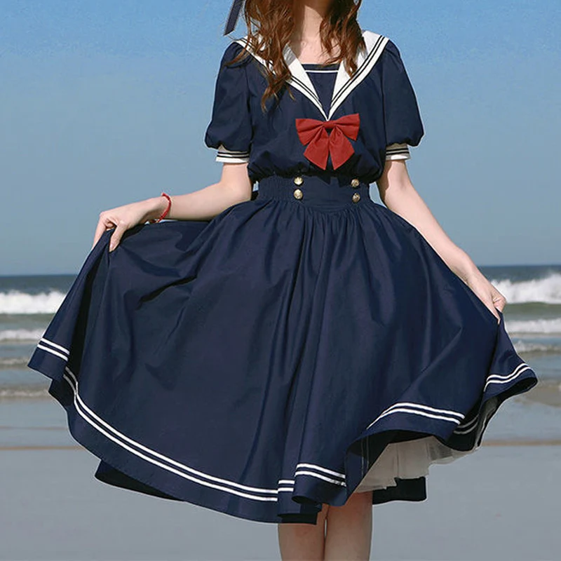 

Women Japanese Lolita Harajuku Bow-knot Navy Dress Sweet Sailor Collar Girl Preppy Style Retro Cotton Kawaii Short Sleeve Dress