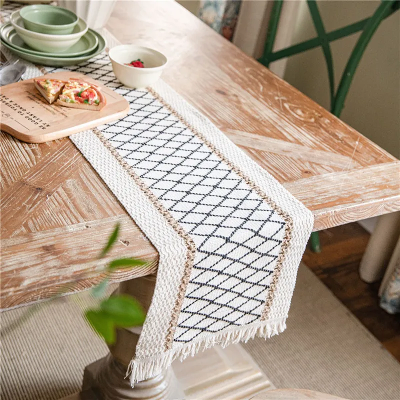 

Cotton Linen Table Runners for Dining Table Tassel Natural Material TV Cabinet Table Flag Striped Splicing Two-color Table Decor