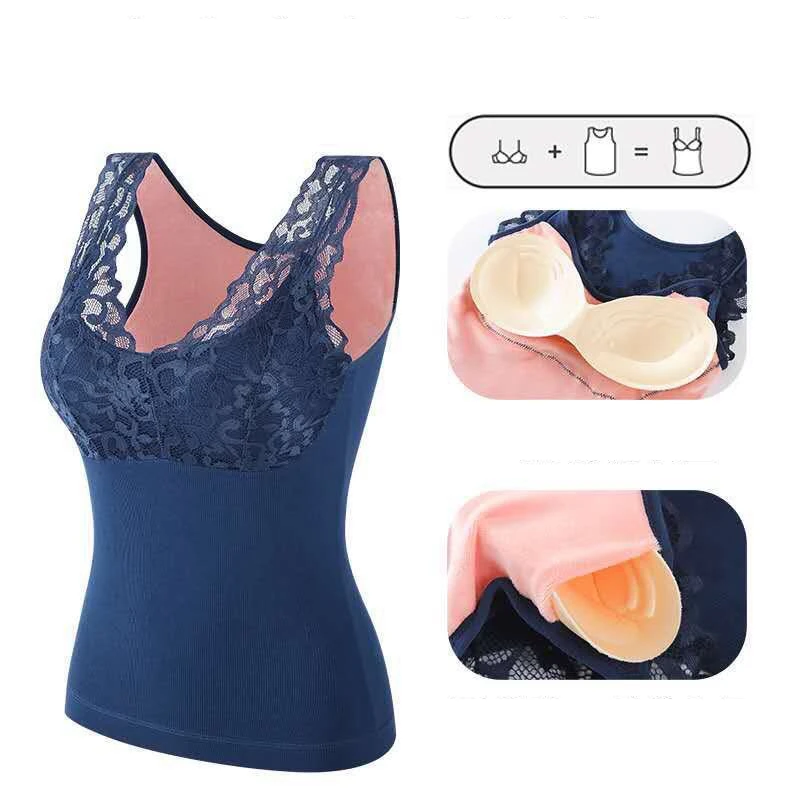 Women Thermal Underwear Seamless Top With Bra Fleece Camisole Plus Velvet Winter Sexy Lace V-neck Warm Lingerie Fleece Camisole