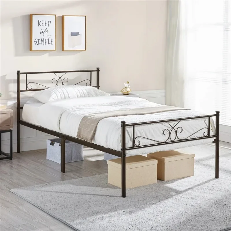 

Modern Scroll Metal Platform Twin Bed, Bronze