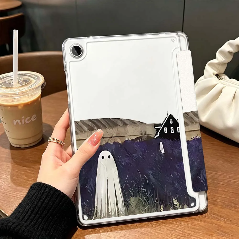 Фото Прозрачный Y-образный складной чехол для планшетов Samsung Galaxy Tab A9, A8, A11, S6, S7, S8, S9, S10 FE, Plus, Lite с мультяшным рисунком призрака №2