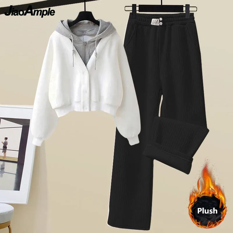 

Women's Winter Warm Plush Suit Korean Elegant Fake Two-piece Hooded Sweater+Casual Wide Leg Pants Set Female Sportswear Suits
