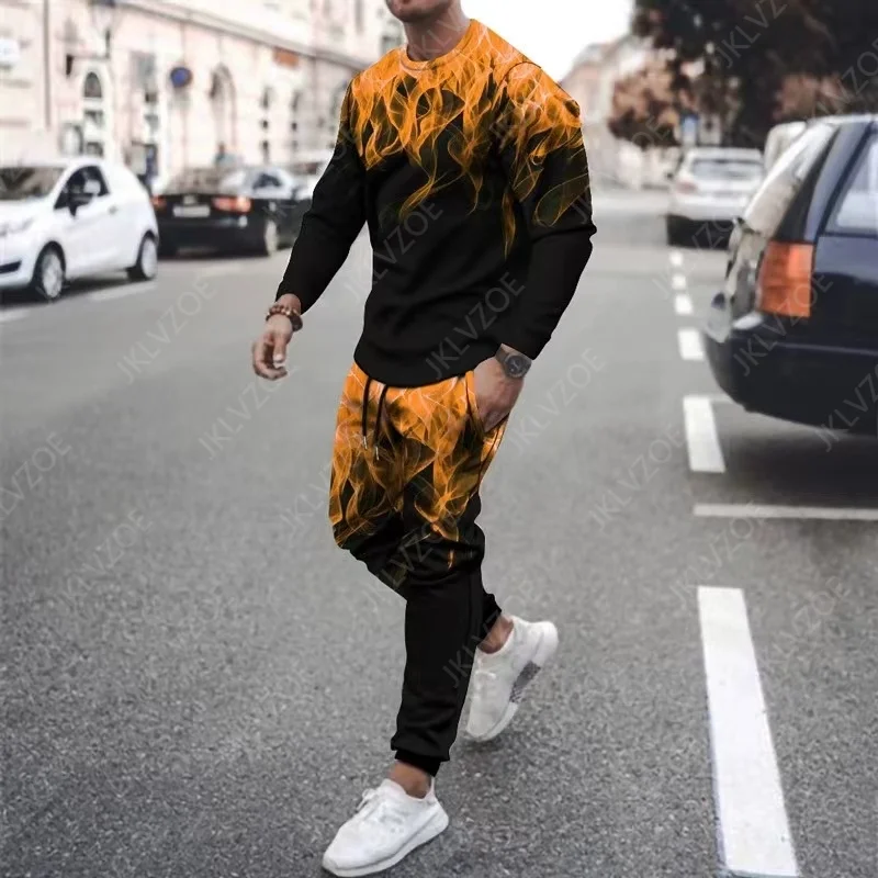 

Spring Autumn Oversized Men's Long Sleeve Sports Suit 3D Printing Colorful Flame O Neck Fashion Street Casual Oversize Sets