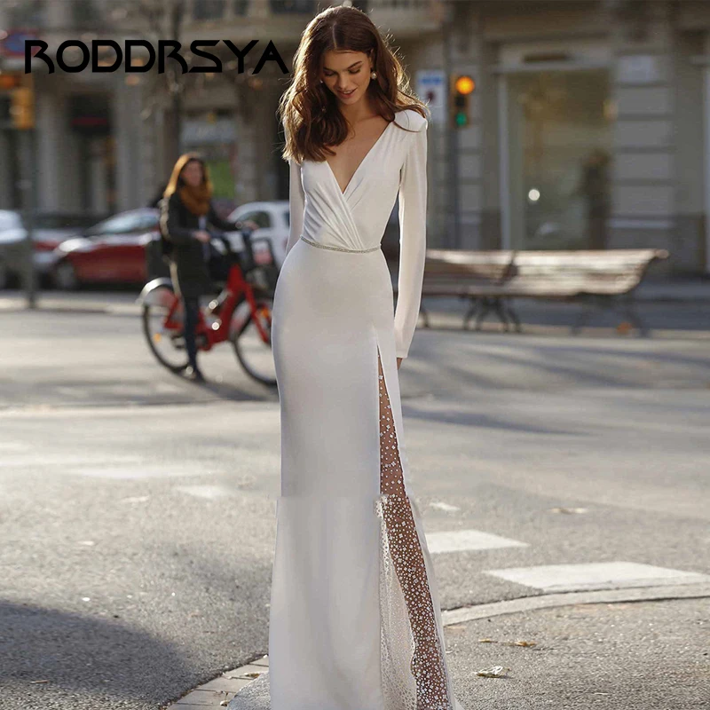 

Платье свадебное атласное с V-образным вырезом и длинным рукавомRoddrsya Элегантные сатиновые свадебные платья, сексуальные V - воротнички, свадебные платья с длинными рукавами Sweep Train, дизайнерские платья de novia