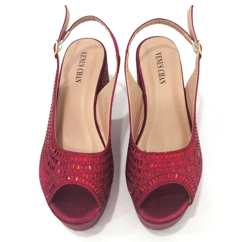 Venus Chan Italian Design Elegant Party Shoes for Women 2023 Platform High Heels Red Full Drill Shoes and Bags Matching Set