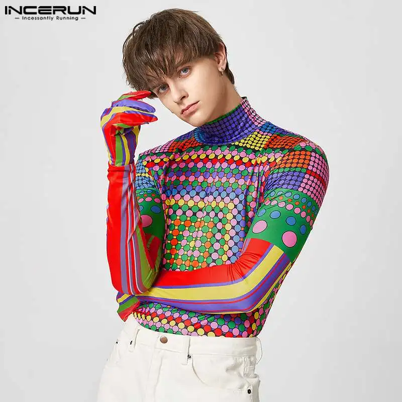 

INCERUN Spring 2023 Handsome Men T Shirt Long Sleeve Gloves Fitness Tops Streetwear Camisetas Leisure Turtleneck T-shirts S-5XL