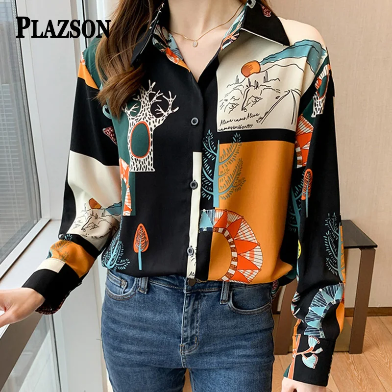 PLAZSON Blouses & Button-Down Shirts blusas mujer elegantes y juveniles Long Sleeves Dressy Tops Print Casual Loose Sexy Blusa