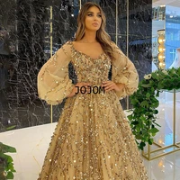 boho gold luxury a line evening dress 2022 women puff sleeves beading sexy formal evening party dresses for women