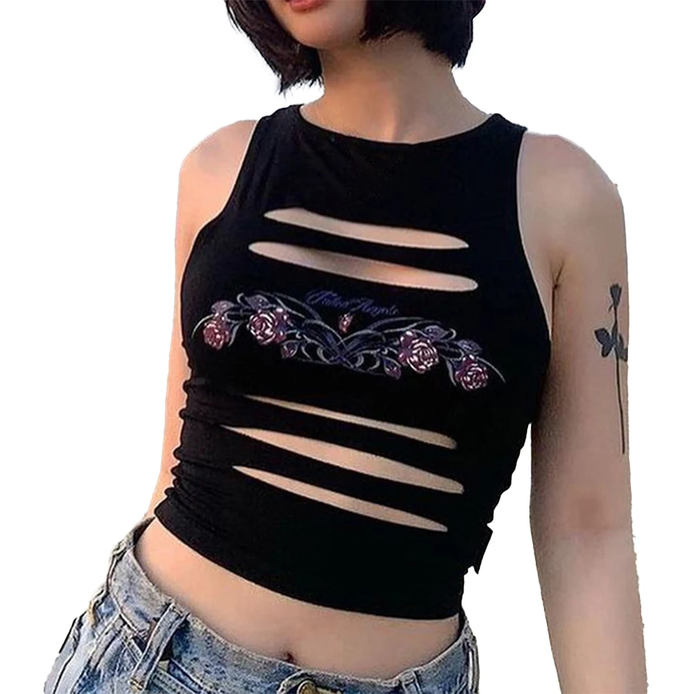 

Sexy Burnt Flower Round Neck Tank Sleeveless Hollow Shorts Tops Hot Girls Crap Top Slim Fit Vest Hotsweet Streetwear Tops Y2K