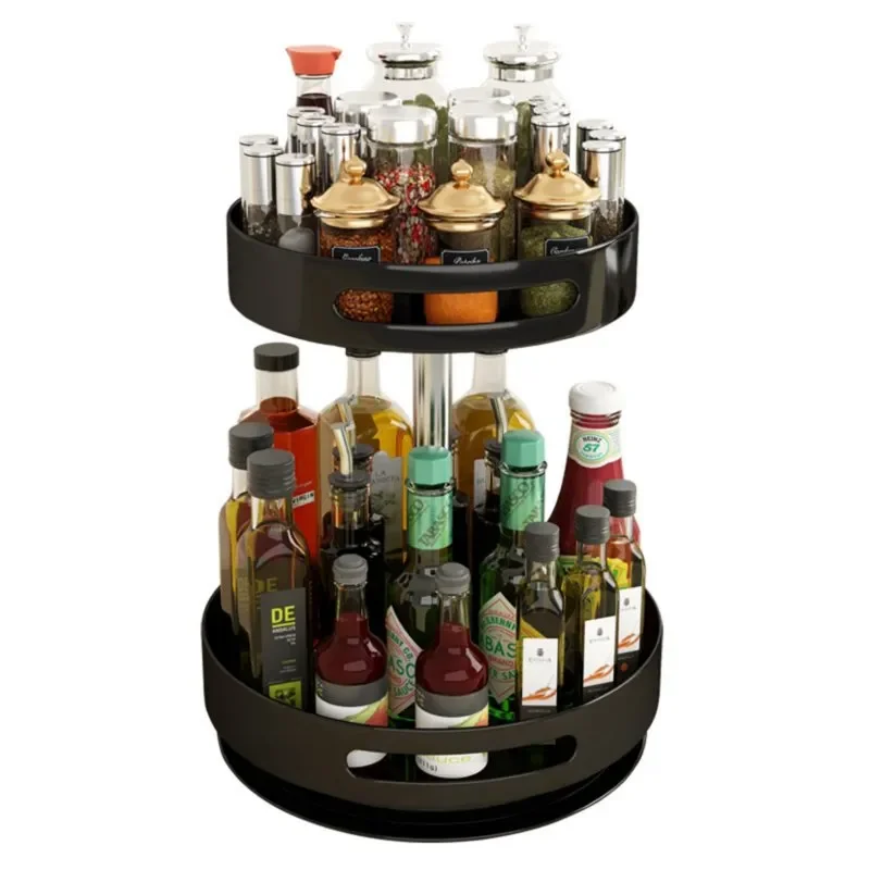

2 Tiers Lazy Susan Liftable Rotating Spice Rack Kitchen Seasoning Storage Rack, Black