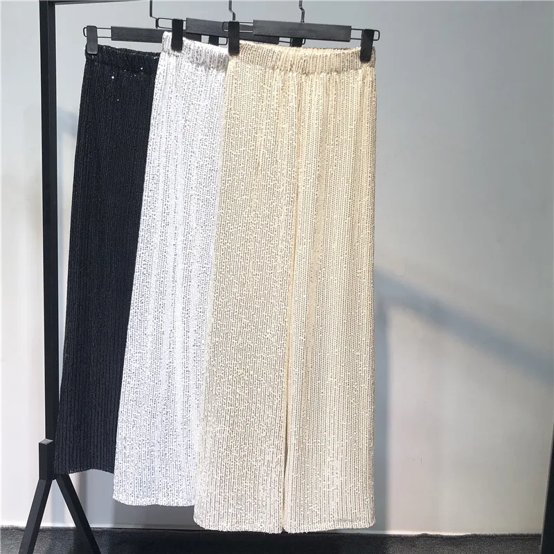 

Sidaimi Silver Full Sequined Women Wide Leg Pant Elastic Waist Bling Luxury Chic Capris Casual Gold Long Pant Female Club