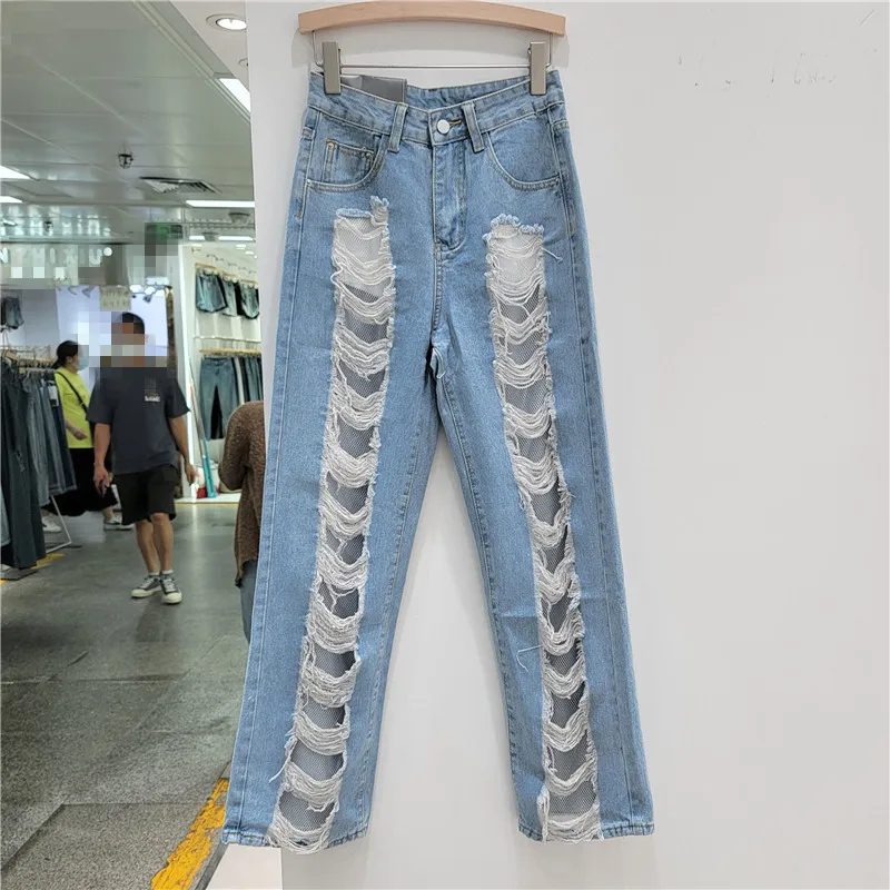 

Женские джинсы с дырками, винтажные свободные джинсы с высокой талией в уличном стиле, лето 2023