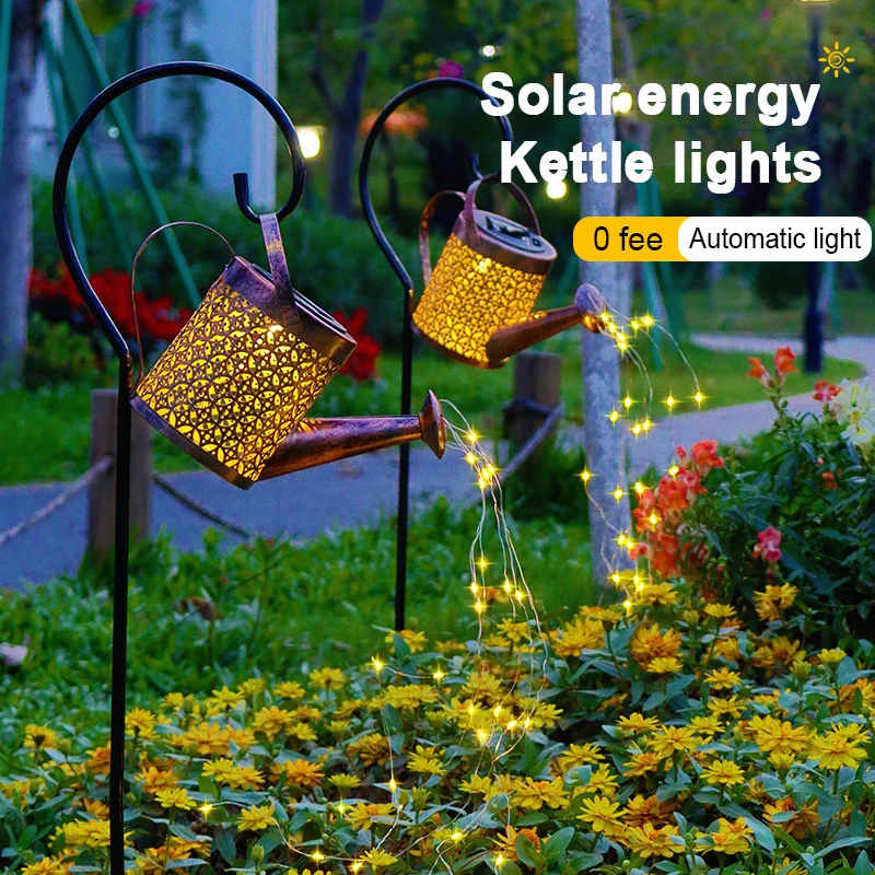 

Outdoor Solar Watering Can Ornament Lamp Wrought Iron Hollow Out Metal Solar Powered LED Lamp Outdoor String Garden Decorations