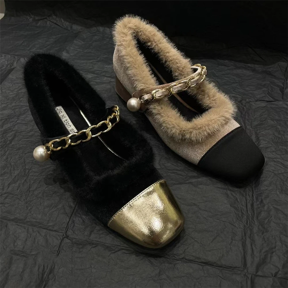 

Black/Beige Women Round Toe Flock Mixed Color Fur Dress Shoes Flat Mid Heels Fashion Party Pumps Autumn Winter Loafers Pumps