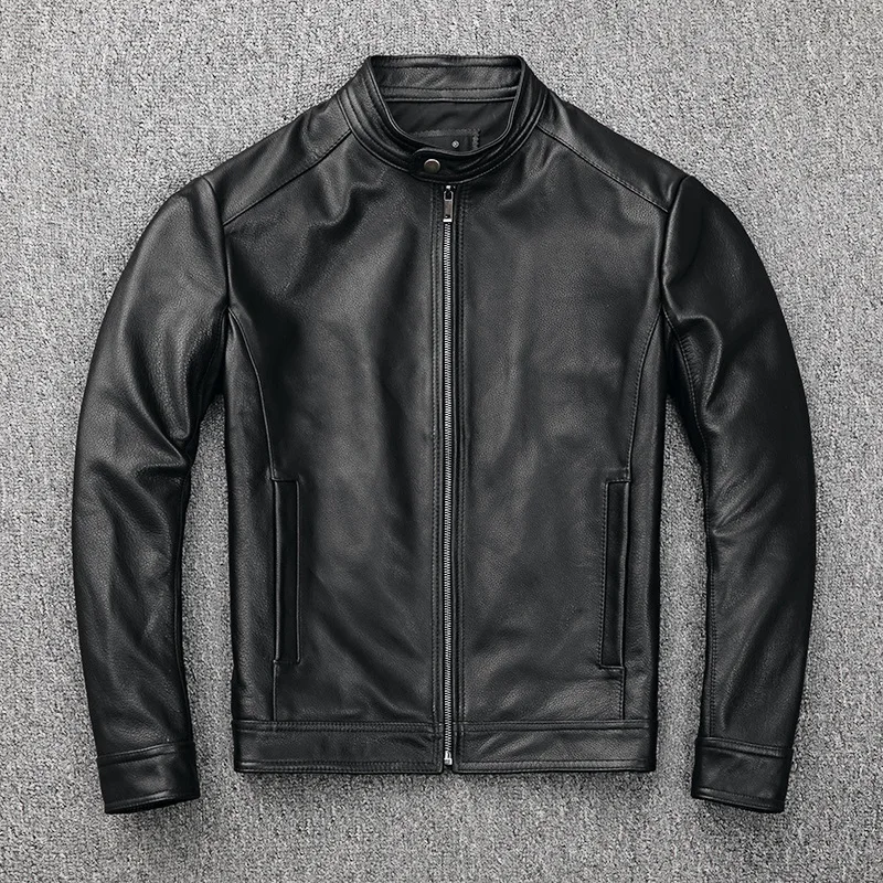 

2022new first layer cowhand leather leather jacket men's short style youth stand collar slim leather jacket casualjacketjackets