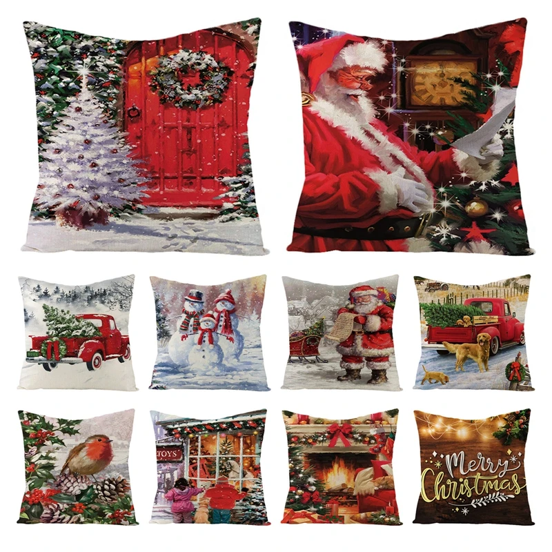 

Рождественская подушка из хлопка и льна с Санта-Клаусом, декоративная наволочка для автомобиля, дома, дивана
