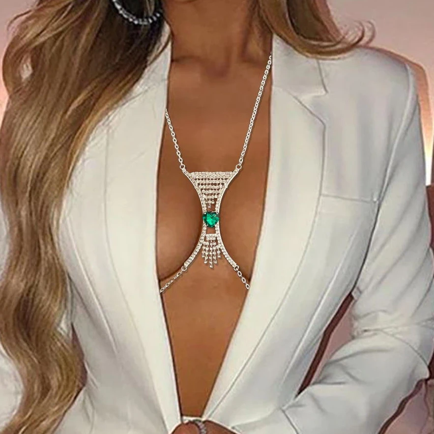 

Harness Coin Women Sexy Metal Body Chain Trendy Green Crystal Rhinestone Chest Bracket Bra Chain Jewelry Party Festival Clothing