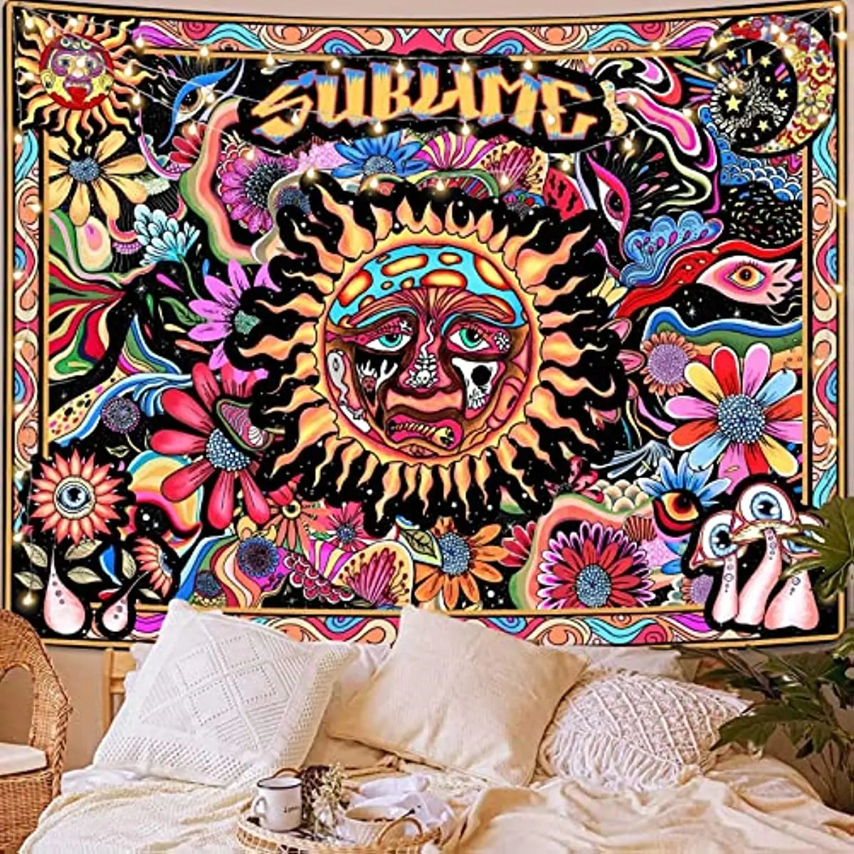 

Гобелены с изображением горящего солнца, гобелен в стиле инди, хиппи, настенный гобелен с изображением Луны и грибов, цветной крутой настенн...